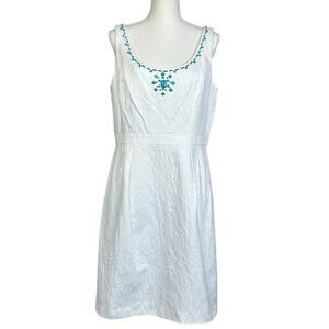 Studio 1 Dress Size 14 White Embellished Blue Beads Cotton Blend Coastal Classic